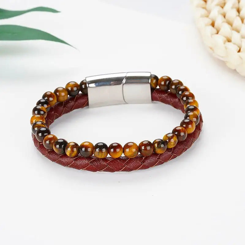 Bracelet | Trendy Jewellery | Tiger Eye Stone Bead | Stainless Magnetic Button | Brown Leather | 7” Bangle Charm