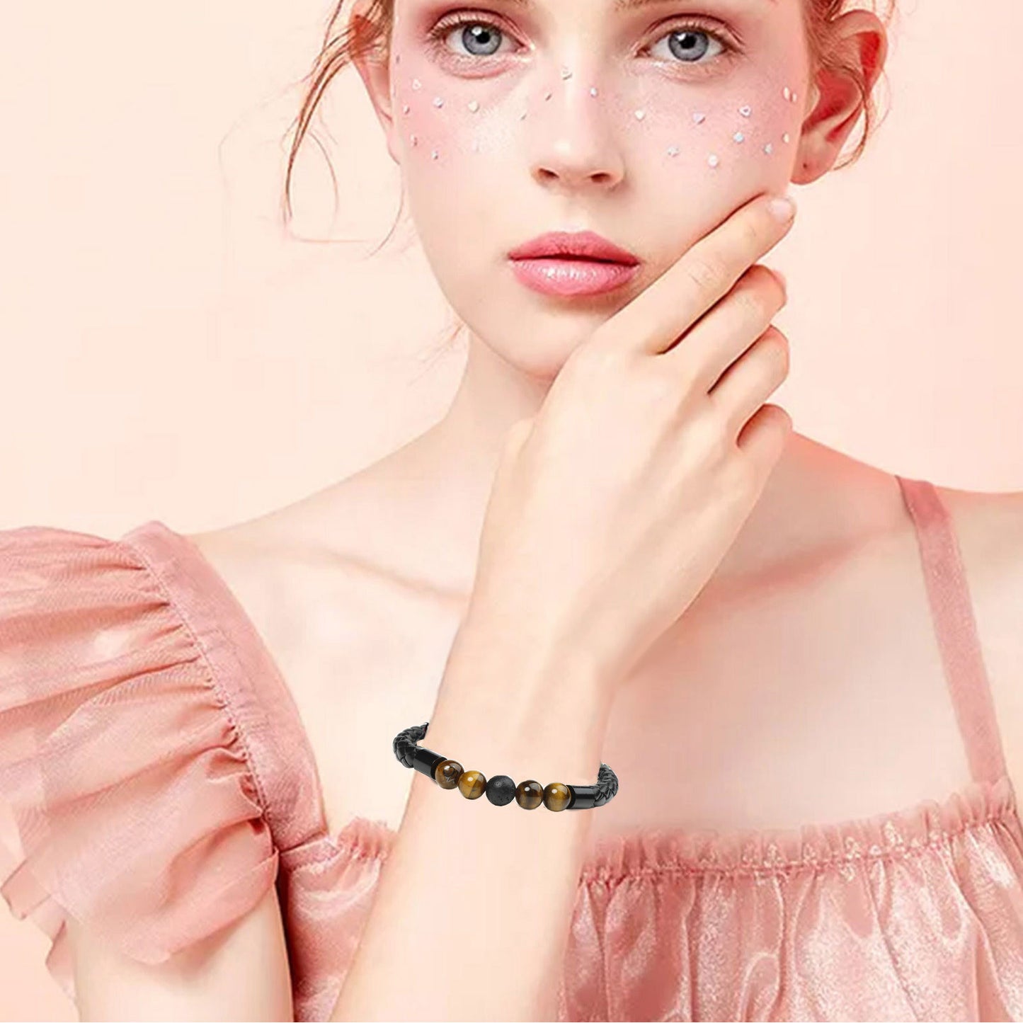 Bracelet | Trendy Jewellery | Tiger Eye 5 Beads | Natural Stone | 7” Bangle Charm | Knitting Magnetic