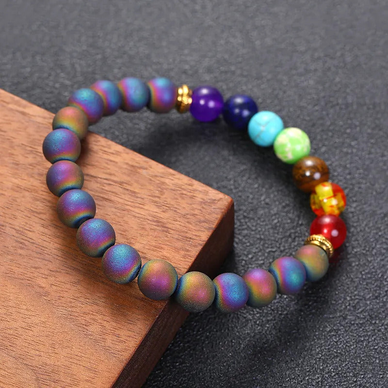 Bracelet | Trendy Jewellery | Crazy Agate Chakras Beads | Natural Stone | 7” Bangle Charm