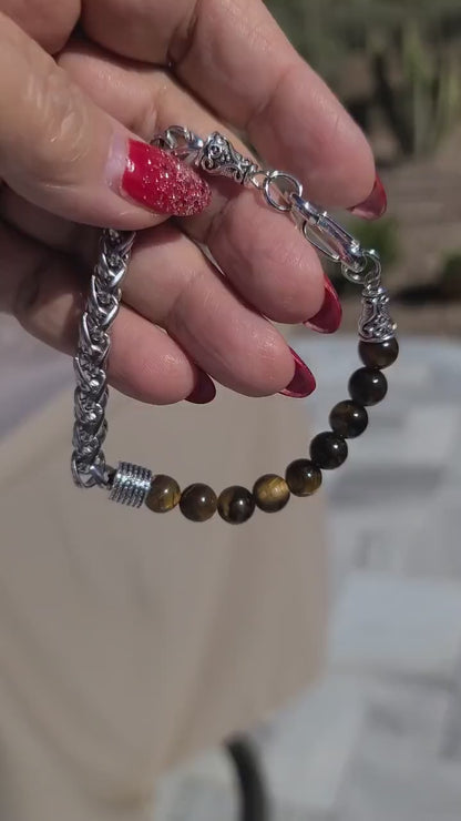 Bracelet | Trendy Jewellery | Tiger Eye Bead | Natural Stone | 7” Bangle Charm| Stainless Steel Chain