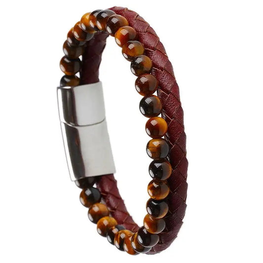 Bracelet | Trendy Jewellery | Tiger Eye Stone Bead | Stainless Magnetic Button | Brown Leather | 7” Bangle Charm