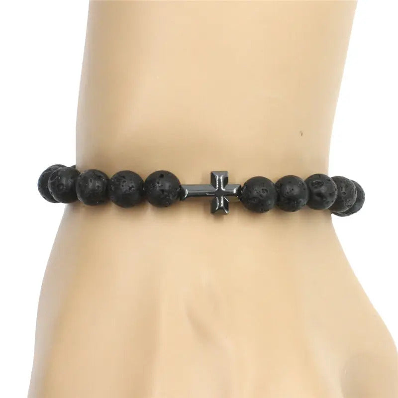 Bracelet | Trendy Jewellery | Cross Lava Stone Beads | Natural Energy Stone | 7” Bangle Charm