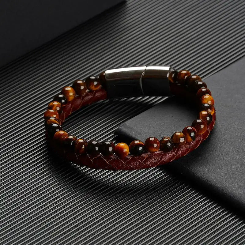 Bracelet | Trendy Jewellery | Tiger Eye Stone Bead | Stainless Magnetic Button | Brown Leather | 7” Bangle Charm