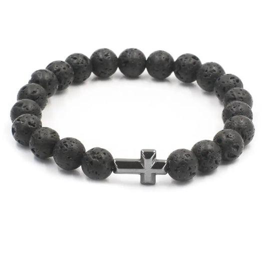 Bracelet | Trendy Jewellery | Cross Lava Stone Beads | Natural Energy Stone | 7” Bangle Charm