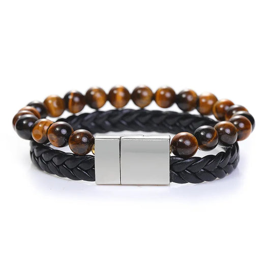 Bracelet | Trendy Jewellery | Tiger Eye Beads | Natural Stone | 2 Layers | Black Leather | Stainless Clasp | 7” Bangle Charm