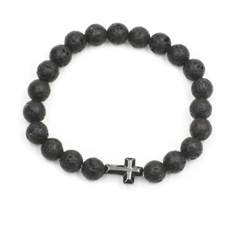 Bracelet | Trendy Jewellery | Cross Lava Stone Beads | Natural Energy Stone | 7” Bangle Charm