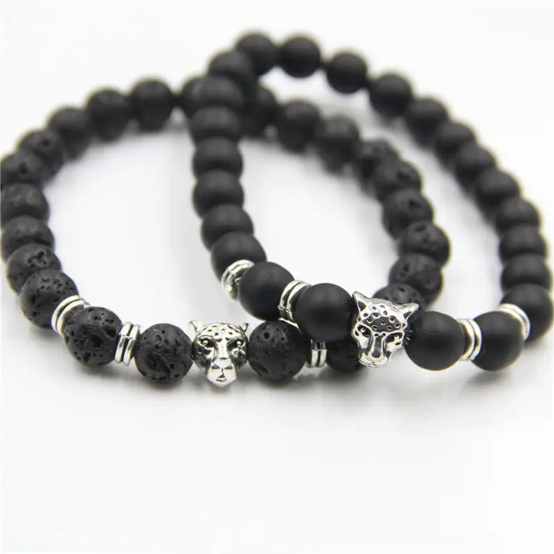 Bracelet | Trendy Jewellery | Black Panther Lava Stone Beads | Natural Stone | Leopard | 7” Bangle Charm