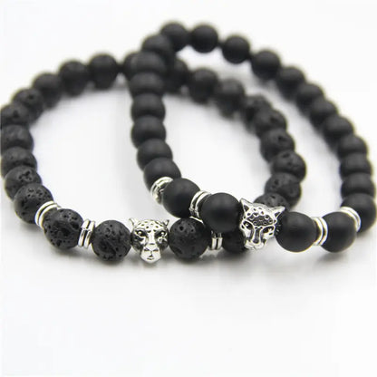 Bracelet | Trendy Jewellery | Black Panther Lava Stone Beads | Natural Stone | Leopard | 7” Bangle Charm