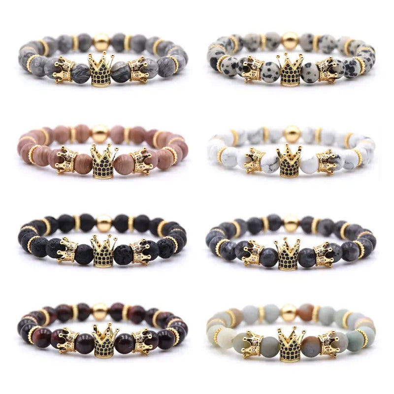 Bracelet | Trendy Jewellery | Crown Bead | Natural Stone | 7” Bangle Charm | Lava-Howlite-Tiger eye