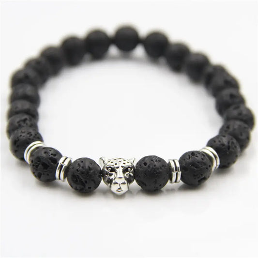 Bracelet | Trendy Jewellery | Black Panther Lava Stone Beads | Natural Stone | Leopard | 7” Bangle Charm