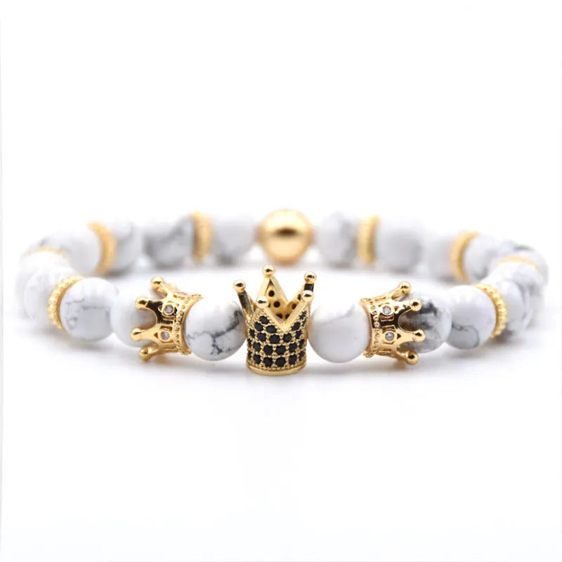 Bracelet | Trendy Jewellery | Crown Bead | Natural Stone | 7” Bangle Charm | Lava-Howlite-Tiger eye