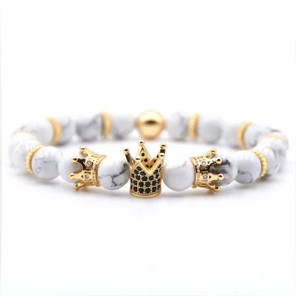 Bracelet | Trendy Jewellery | Crown Bead | Natural Stone | 7” Bangle Charm | Lava-Howlite-Tiger eye