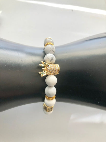 Bracelet | Trendy Jewellery | Crown Bead | Natural Stone | 7” Bangle Charm | Lava-Howlite-Tiger eye