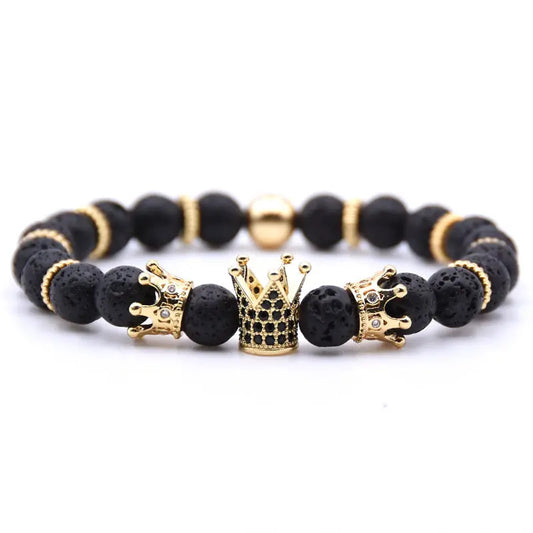 Bracelet | Trendy Jewellery | Crown Bead | Natural Stone | 7” Bangle Charm | Lava-Howlite-Tiger eye