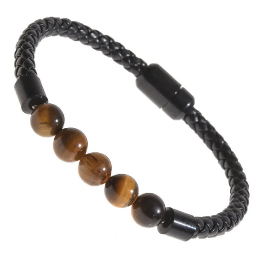 Bracelet | Trendy Jewellery | Tiger Eye 5 Beads | Natural Stone | 7” Bangle Charm | Knitting Magnetic
