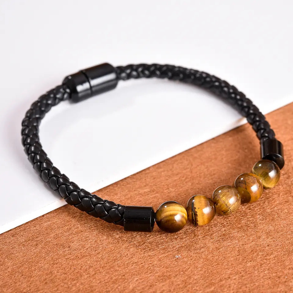 Bracelet | Trendy Jewellery | Tiger Eye 5 Beads | Natural Stone | 7” Bangle Charm | Knitting Magnetic