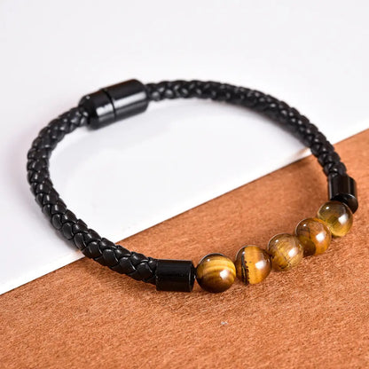 Bracelet | Trendy Jewellery | Tiger Eye 5 Beads | Natural Stone | 7” Bangle Charm | Knitting Magnetic