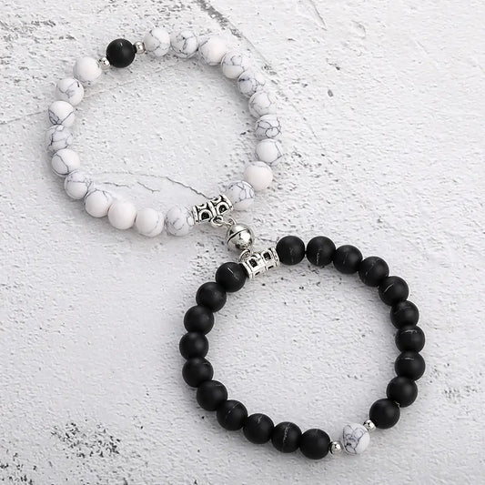 2 PCs Bracelets | For Couples | 7” Natural 8 mm Stone Beads | Round Magnetic | Love | Bangle Charm