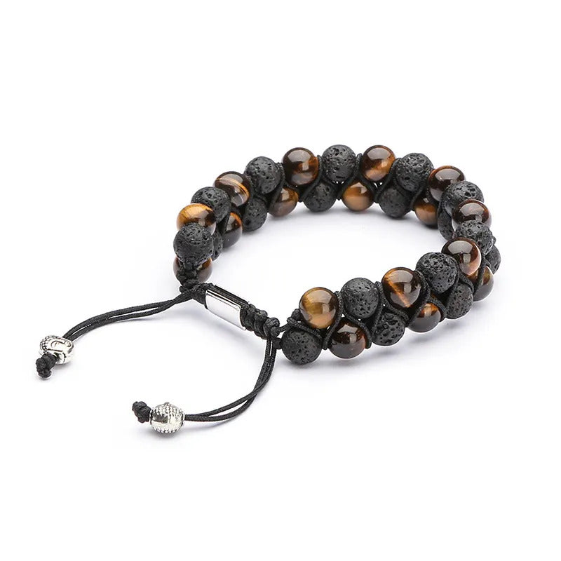 Adjustable Bracelet | Trendy Jewellery | Tiger Eye Lava Stone Beads | Natural Stone | 2 Layers | 7” Bangle Charm