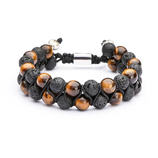 Adjustable Bracelet | Trendy Jewellery | Tiger Eye Lava Stone Beads | Natural Stone | 2 Layers | 7” Bangle Charm
